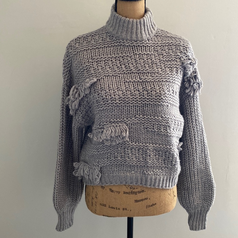 Universal Thread Gray Chunky Knit Fringe Mock Neck Sweater